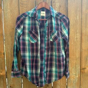 MUDD Girls Teal Pink Navy Plaid Button Down Western Shirt Size 16